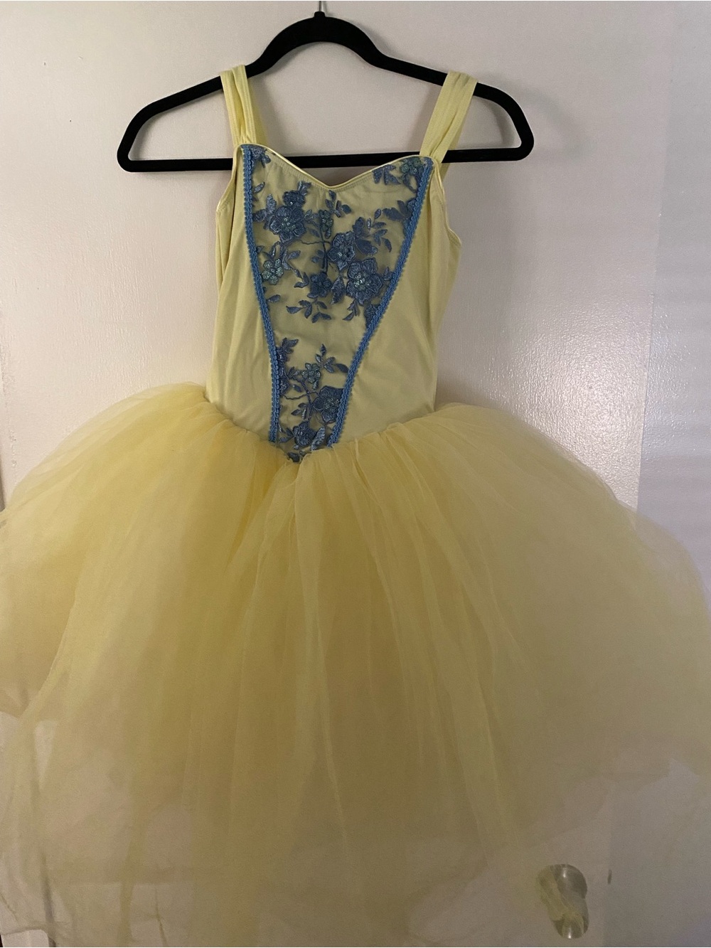 Yellow Tulle Dance Costume with Blue Lace Appliqué - Kids